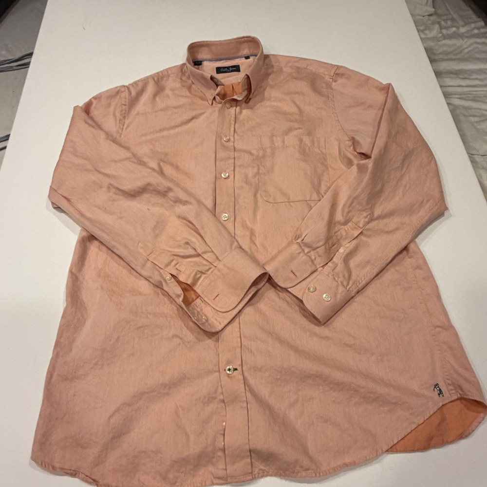 Bobby Jones Mens XL Peach Cotton Twill Long Sleeve Button Down Golf Shirt Logo